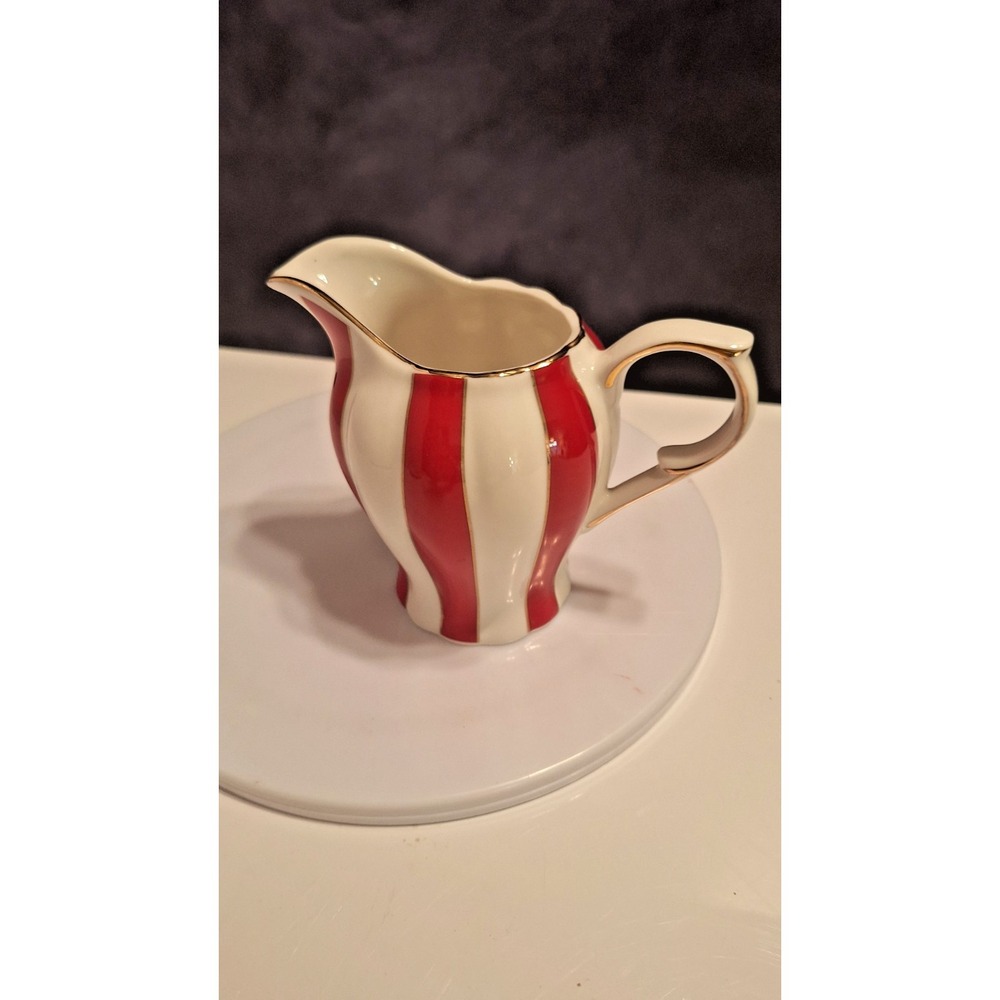 Grace's Teaware Porcelain Creamer - Red White Stripes With Gold Trim